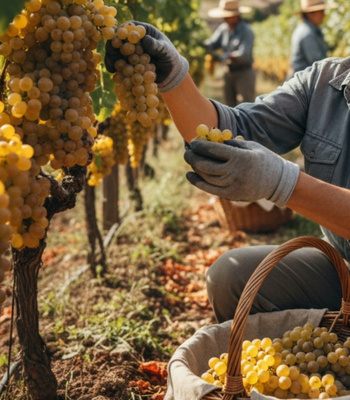 Auxerrois Wein Trauben werden gepflückt